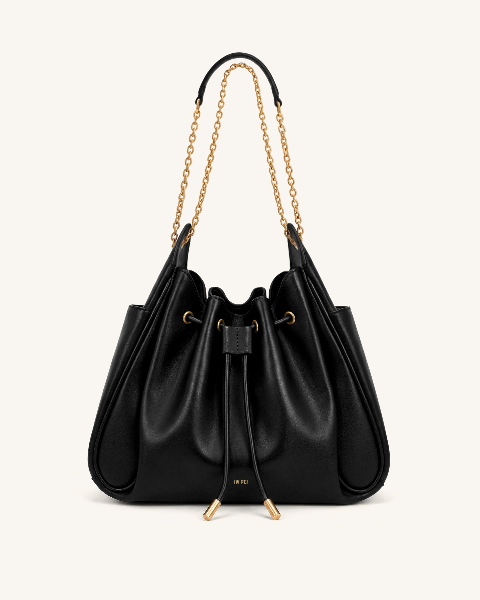 Rowan Ruched Drawstring Chain Bucket Bag - Black