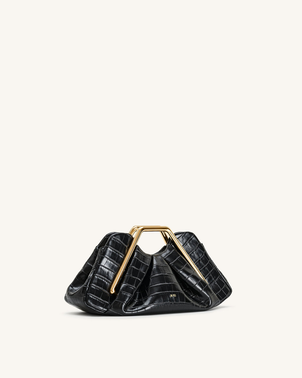 Lila Faux Croc-Effect Metal Frame Clutch - Black