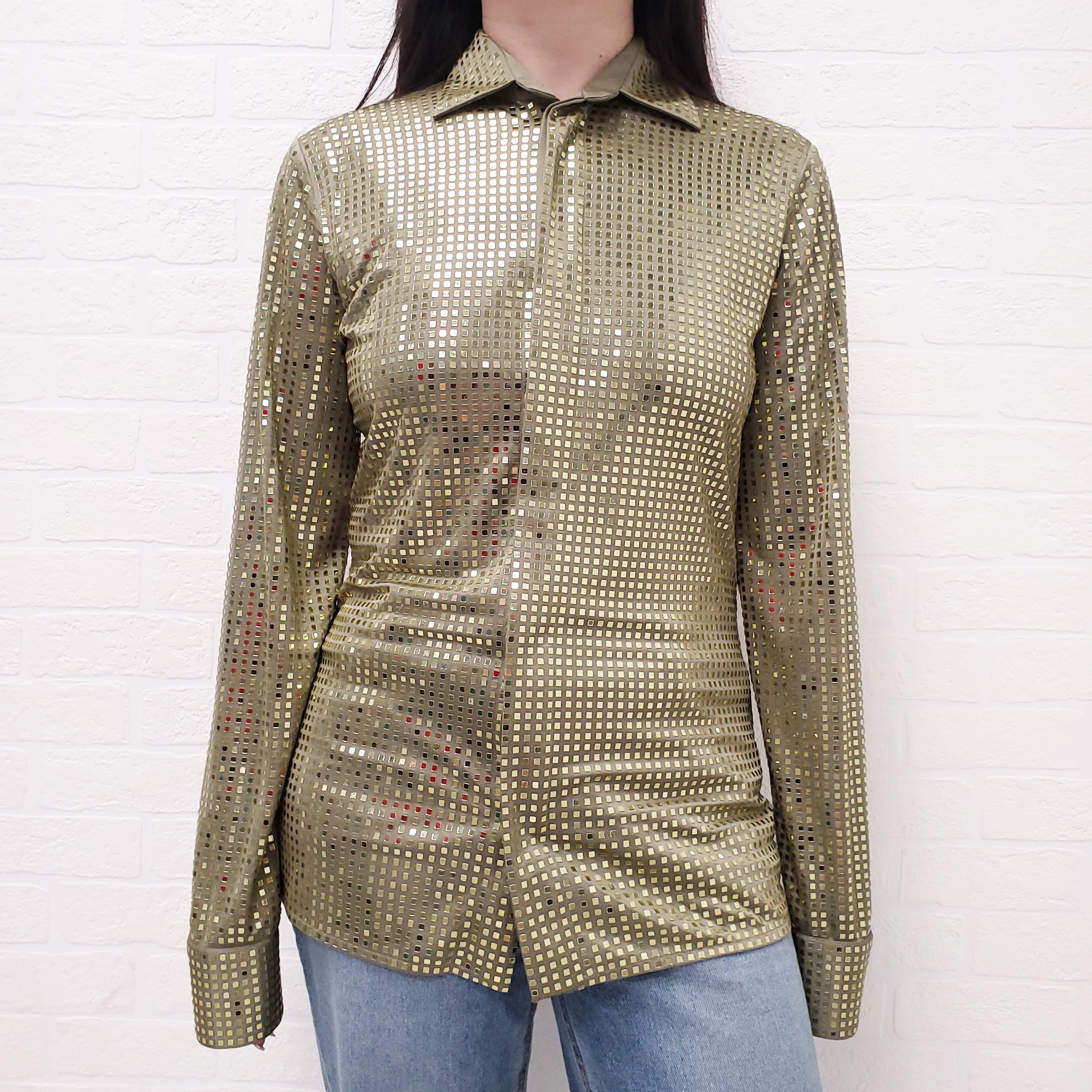 BOTTEGA VENETA GREEN SATIN SEQUIN BLOUSE - SIZE 38