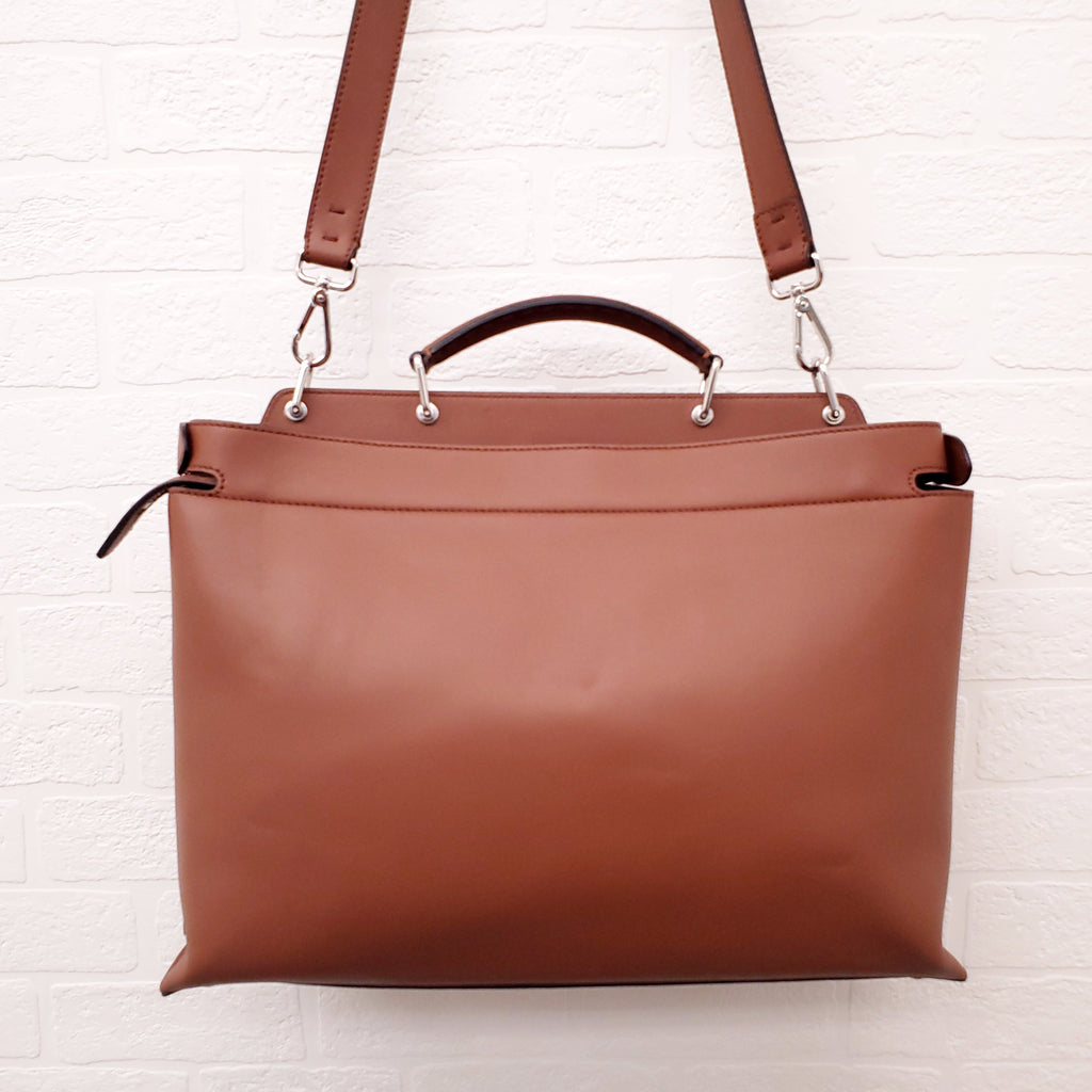 FENDI TAN LEATHER AND CANVAS LARGE 'PANELLED PEEKABOO' BAG