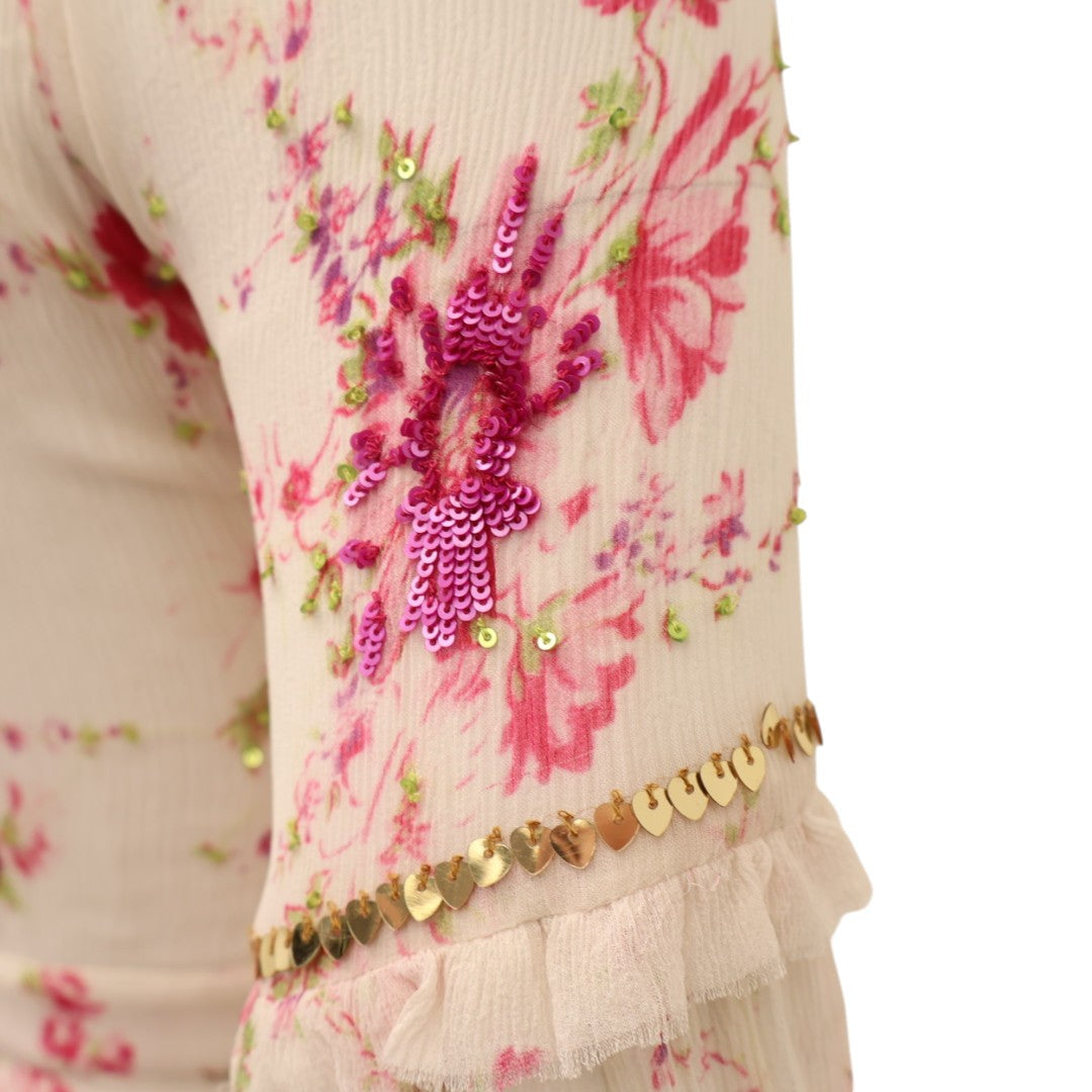 LOVESHACKFANCY WHITE FLORAL MAXI DRESS WITH RUFFLE AND SEQUIN DETAILS - SIZE 00
